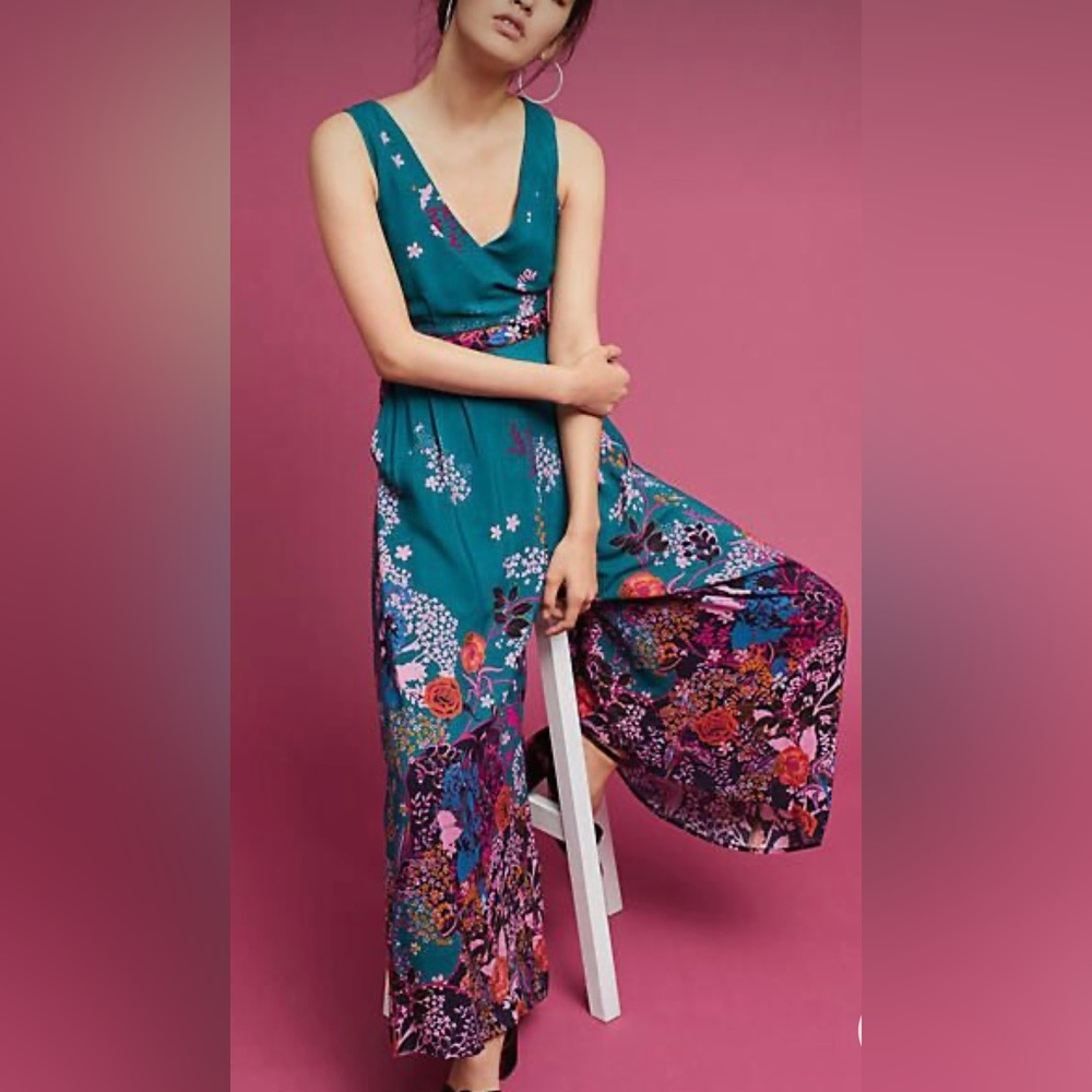 Maeve Teal Floral Wide-Leg Jumpsuit